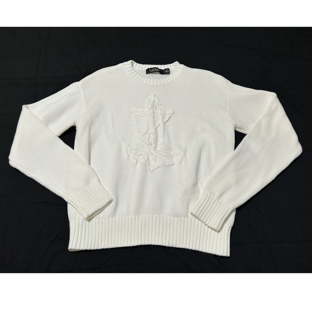 Lauren Ralph Lauren White Cotton Knit Anchor Logo Crewneck Sweater Womens M